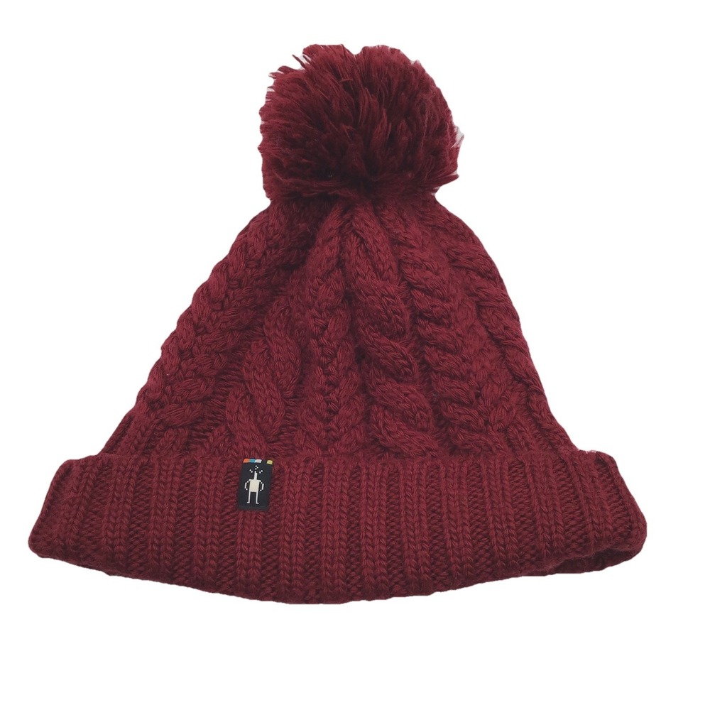 Smartwool Merino Wool Blend Cable Knit Pom Beanie Hat Burgundy One Size